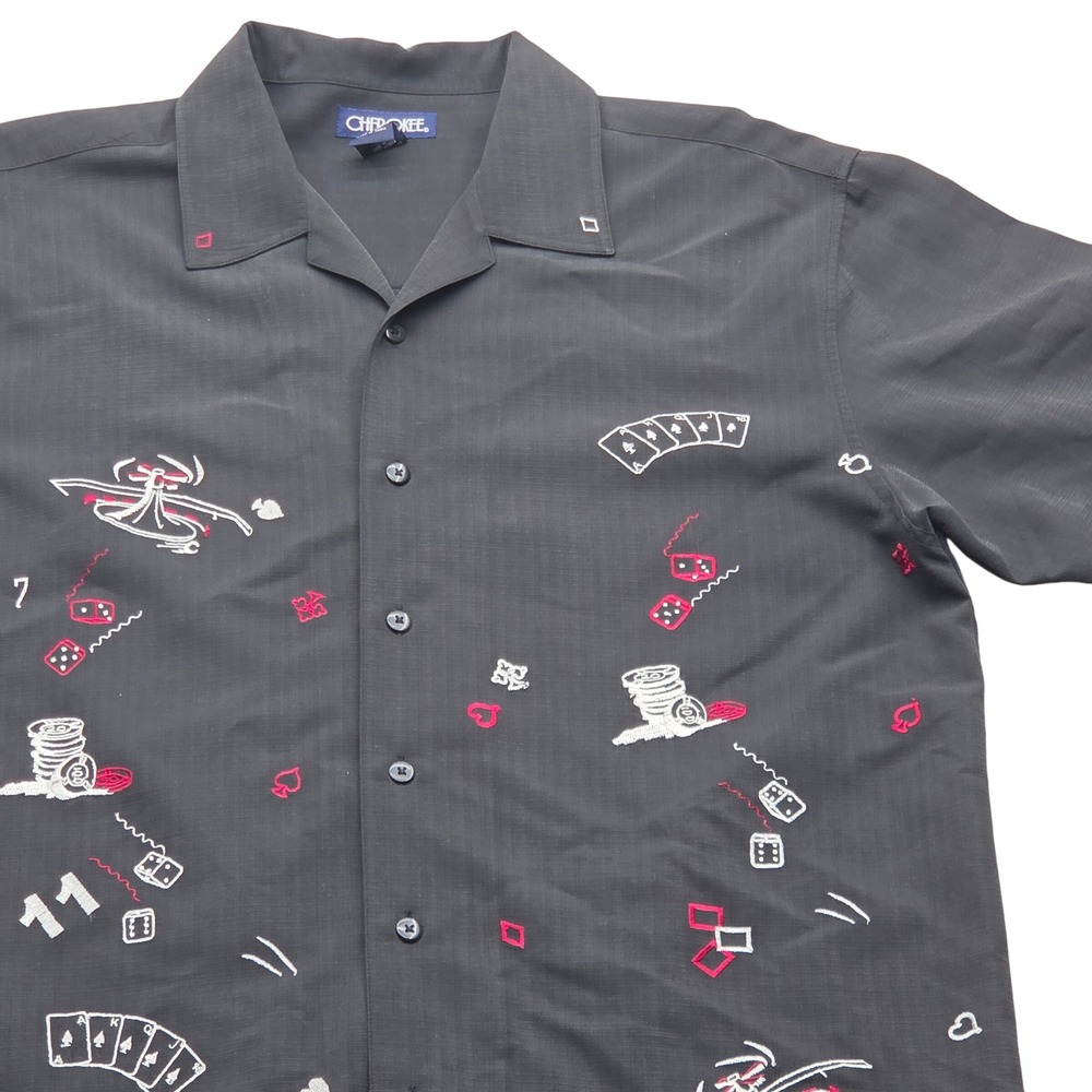 VTG Cherokee Embroidered Shirt Casino Gambling Button Up Dress Black Mens Medium